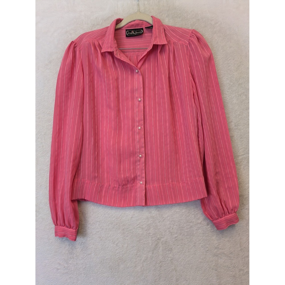 Jean‎ de Pierre Blouse Women's 9/10 Pink Pinstripe Faux Pearl Button Puff Sleeve